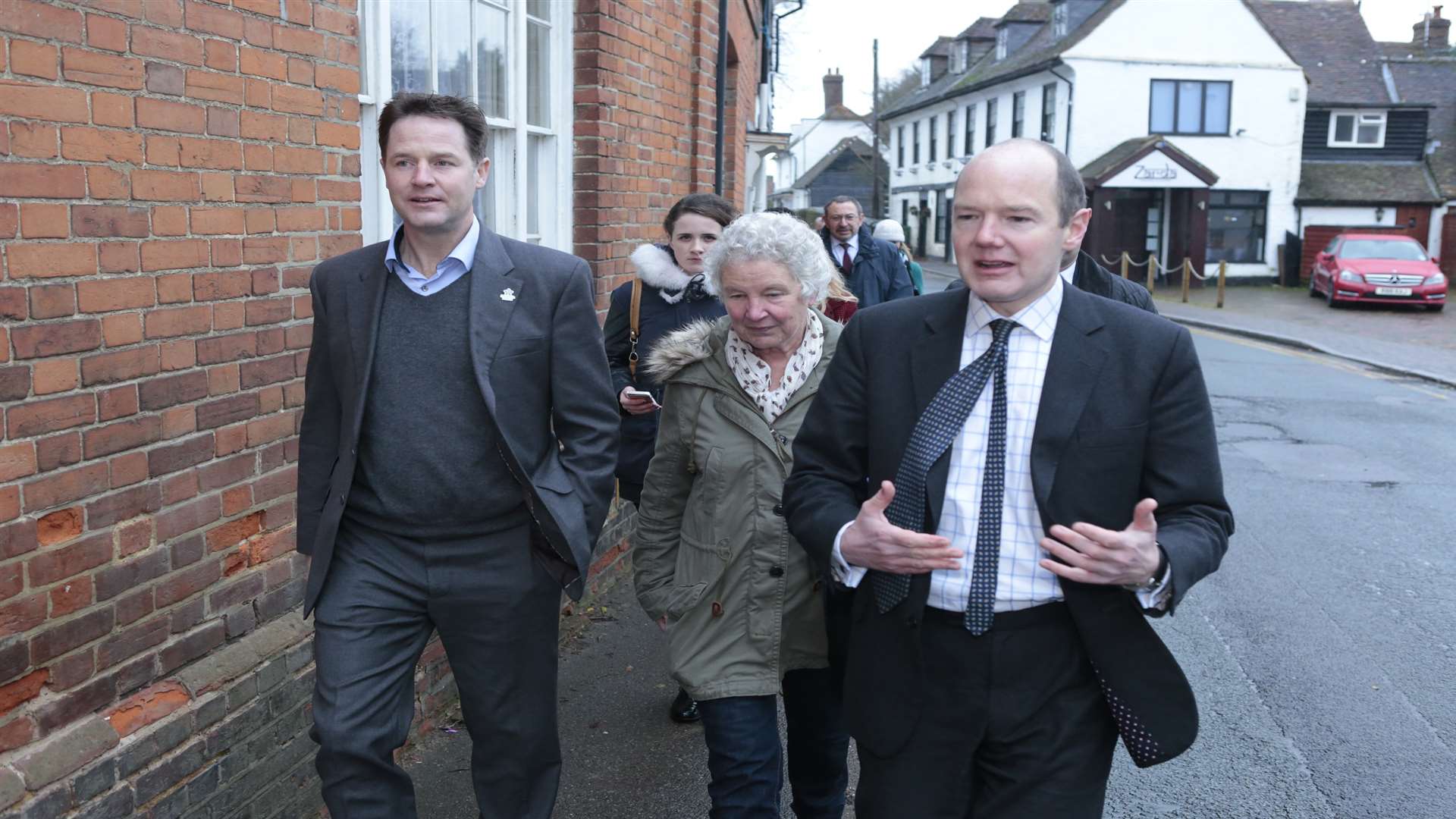 Nick Clegg with Yalding resident Jane Bird and prospective Lib Dem candidate Jasper Gerard