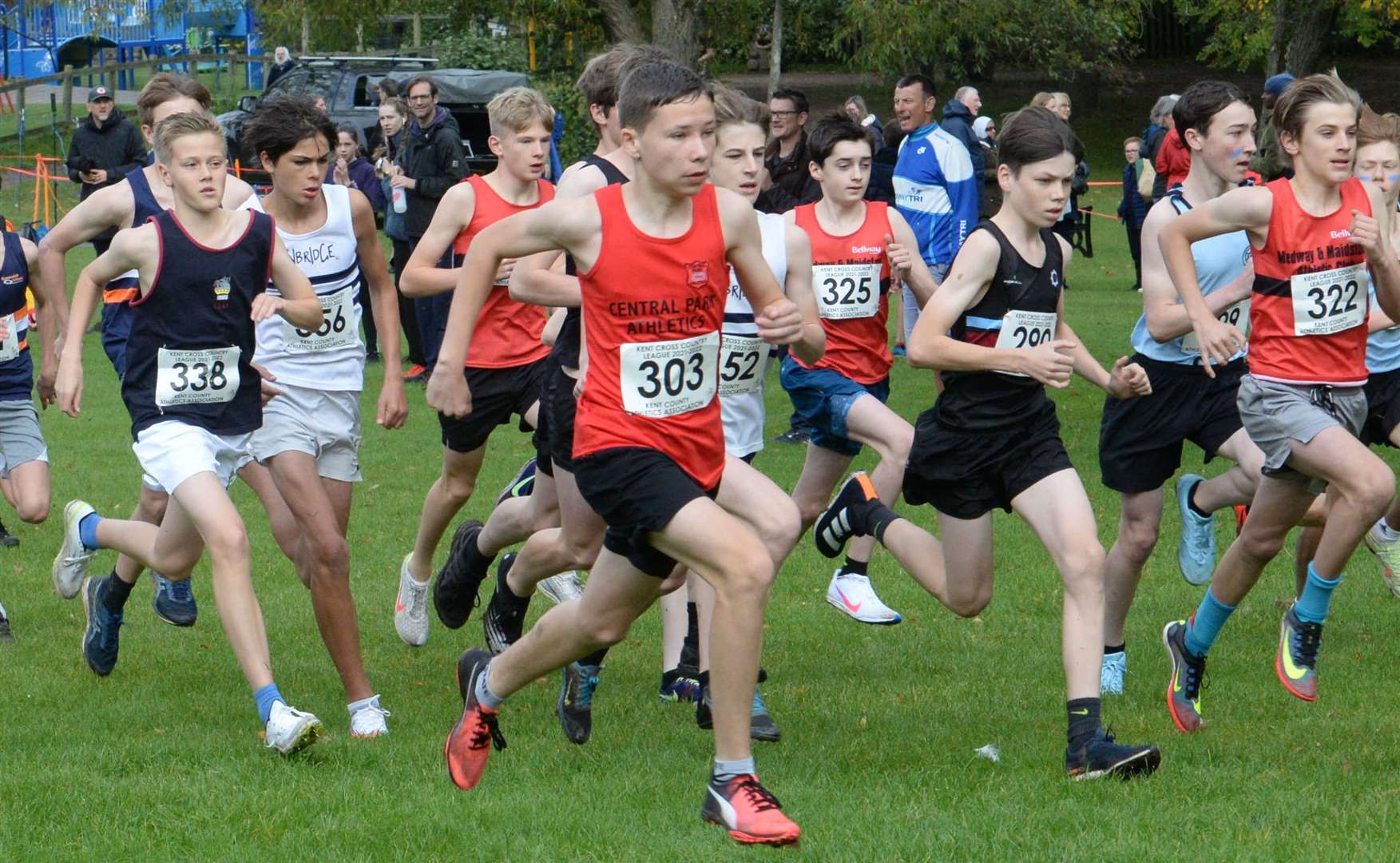 Central Park Athletics Club's Jake Greenwood No.303 gets up to speed in the under-15 boys' race. Picture: Chris Davey (52348031)