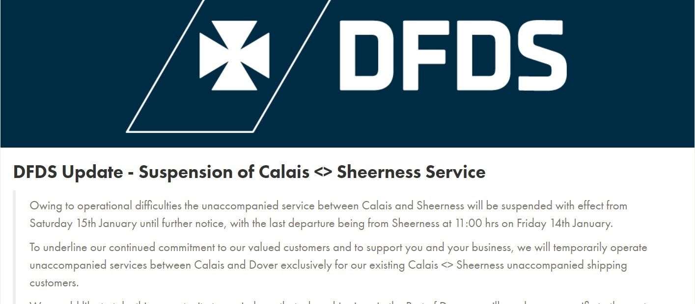 DFDS suspends unaccompanied ferry service between Sheerness and Calais