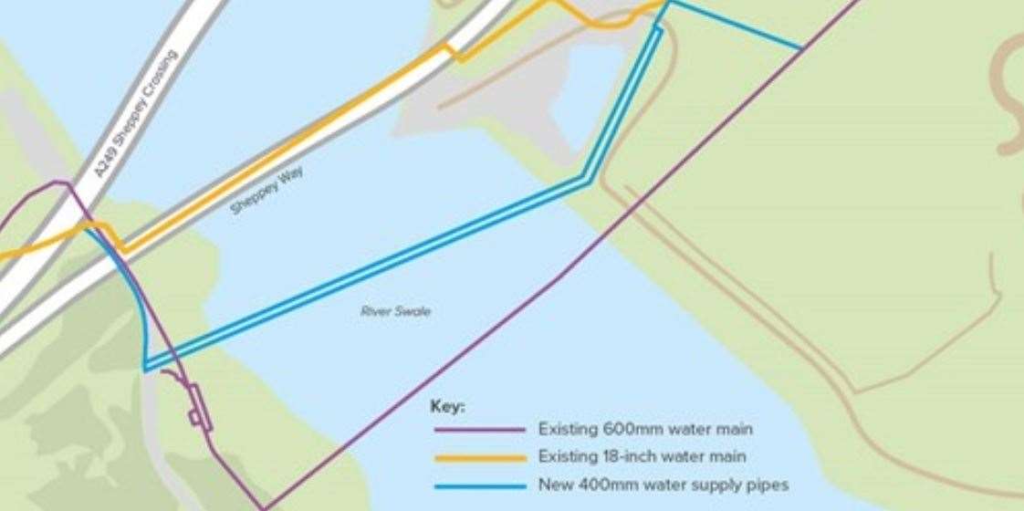Southern Water is building two new water mains (coloured blue) across The Swale to feed the Isle of Sheppey. They augment two existing ones including one which runs under the Kingsferry Bridge. Graphics: Southern Water