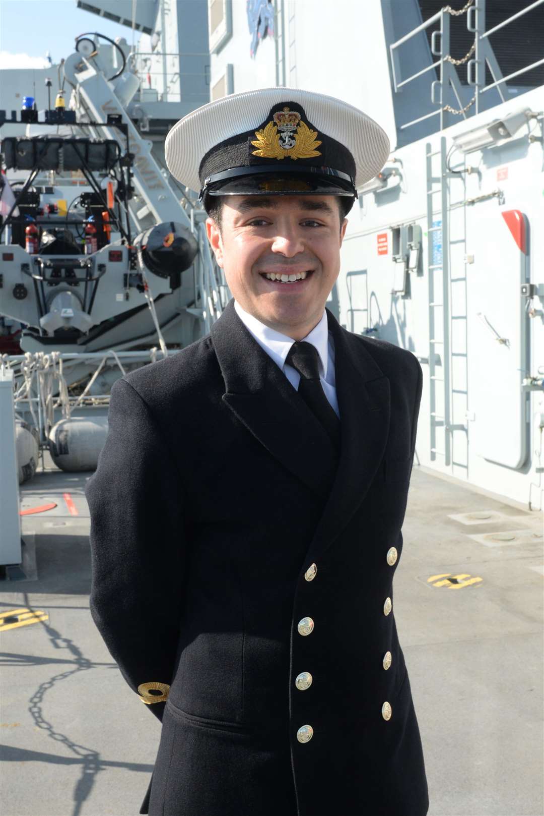 Sub Lt Luke Murphy from Canterbury onboard HMS Medway after the commisioning ceremony at the Chatham Historic Dockyard on Thursday. Picture:Chris Davey. (16979249)