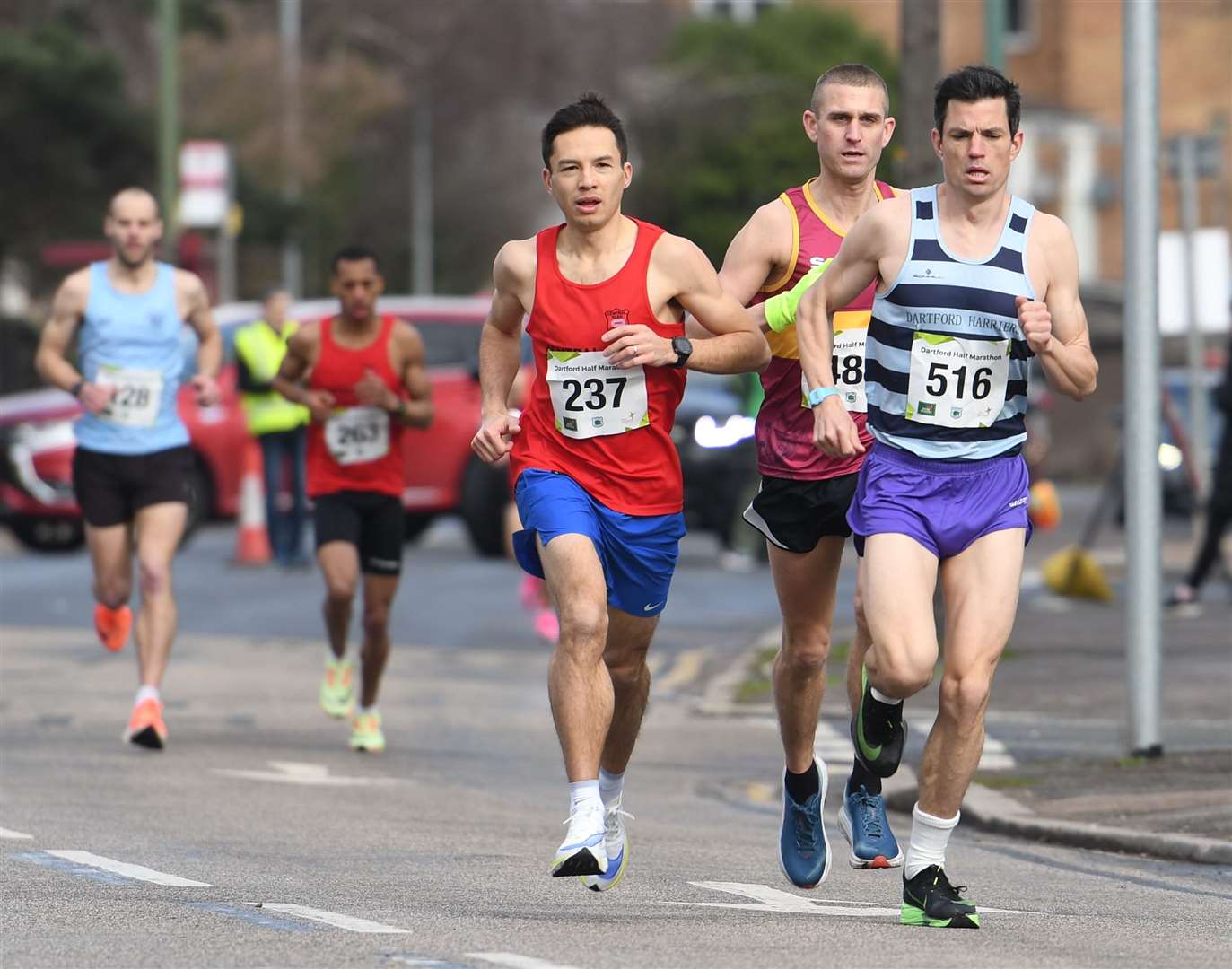 Joshua Teece (No.237) battles Sam Coombes (No.516) for victory at the Dartford Half-Marathon. Picture: Barry Goodwin (55423206)