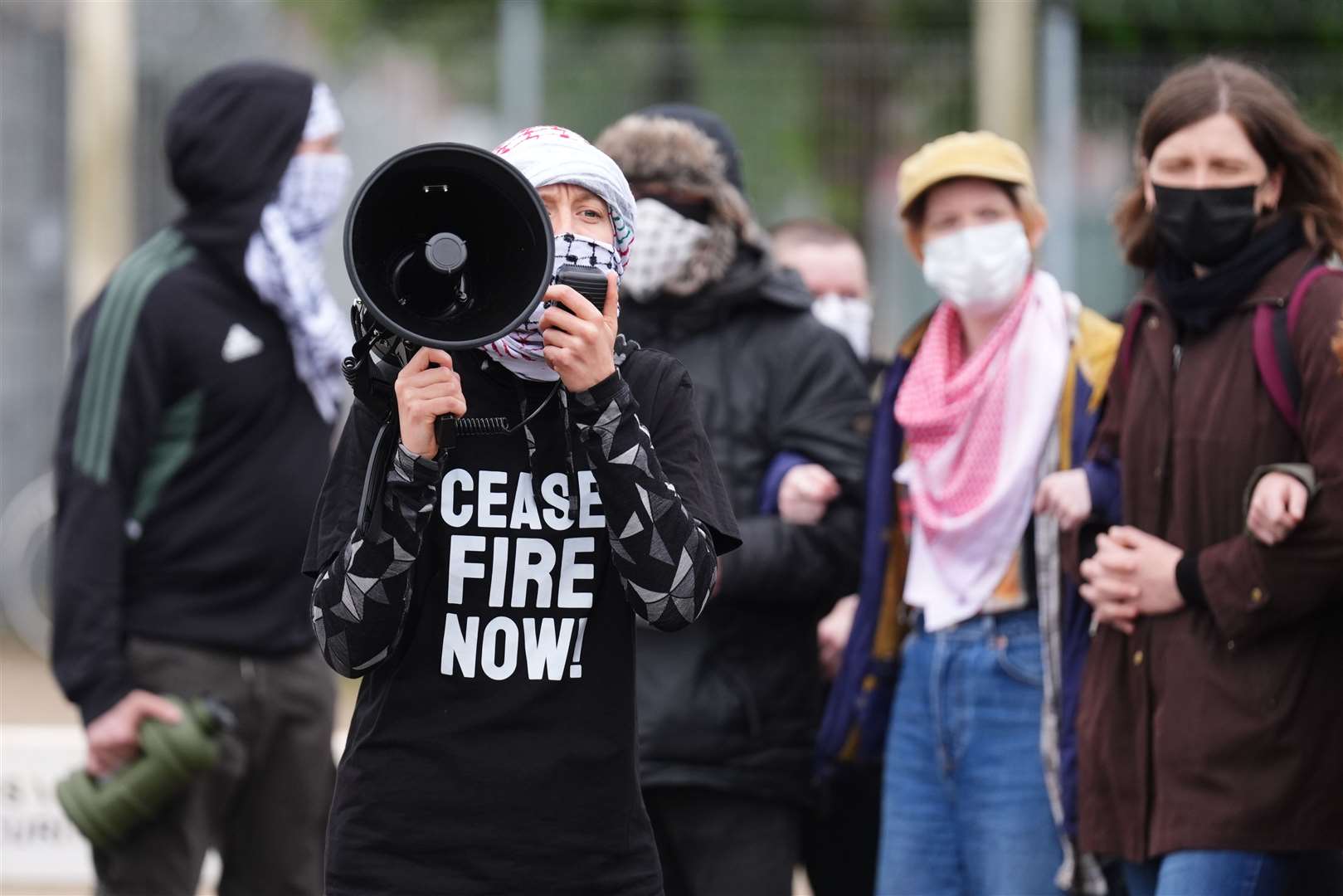 Pro-Palestine campaigners during a protest outside the Thales factory in Govan, Glasgow (Andrew Milligan/PA)