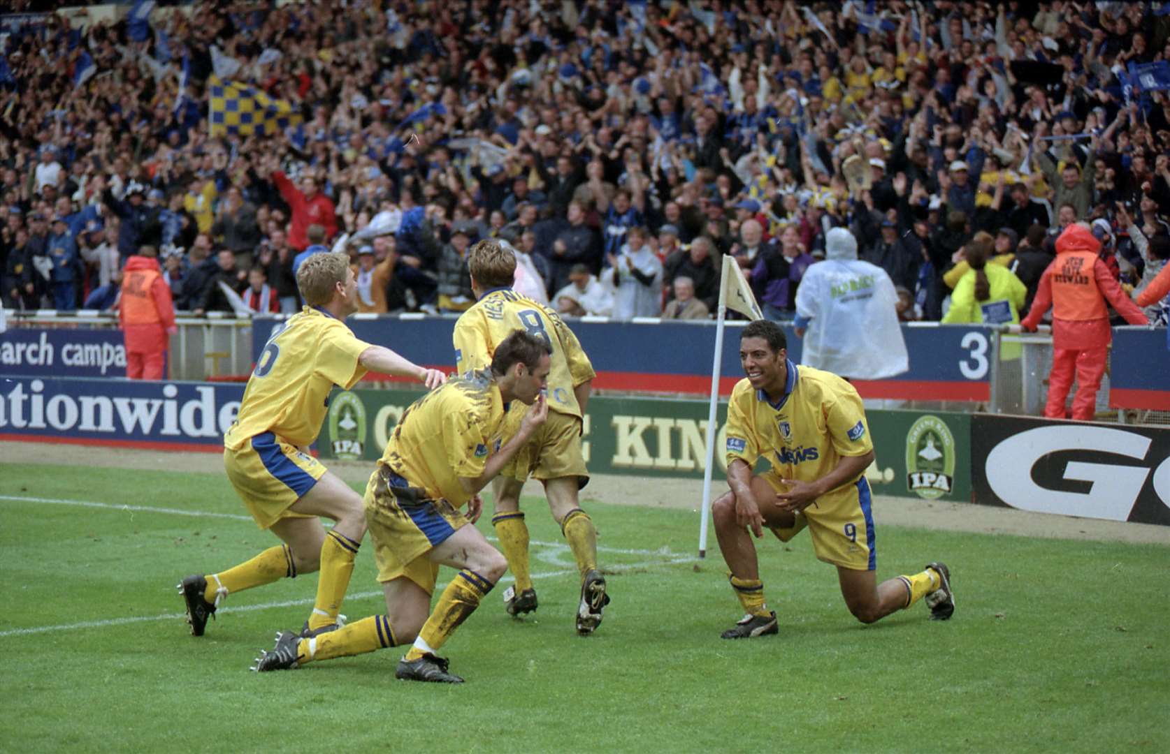 Andy Thomson celebrates his goal at Wembley with team-mates