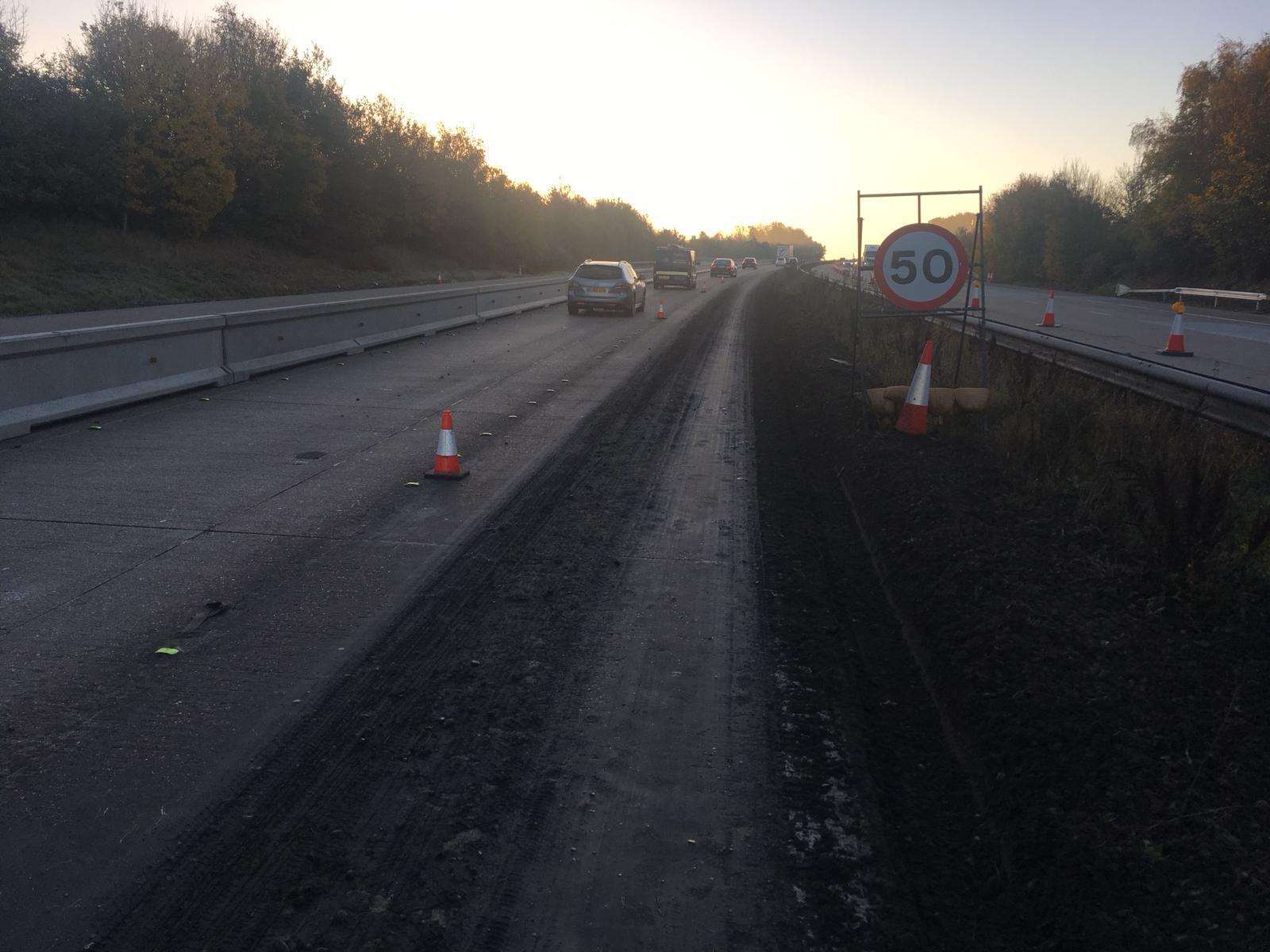 Mud on the road on the M20. Picture: Highways England (5165565)