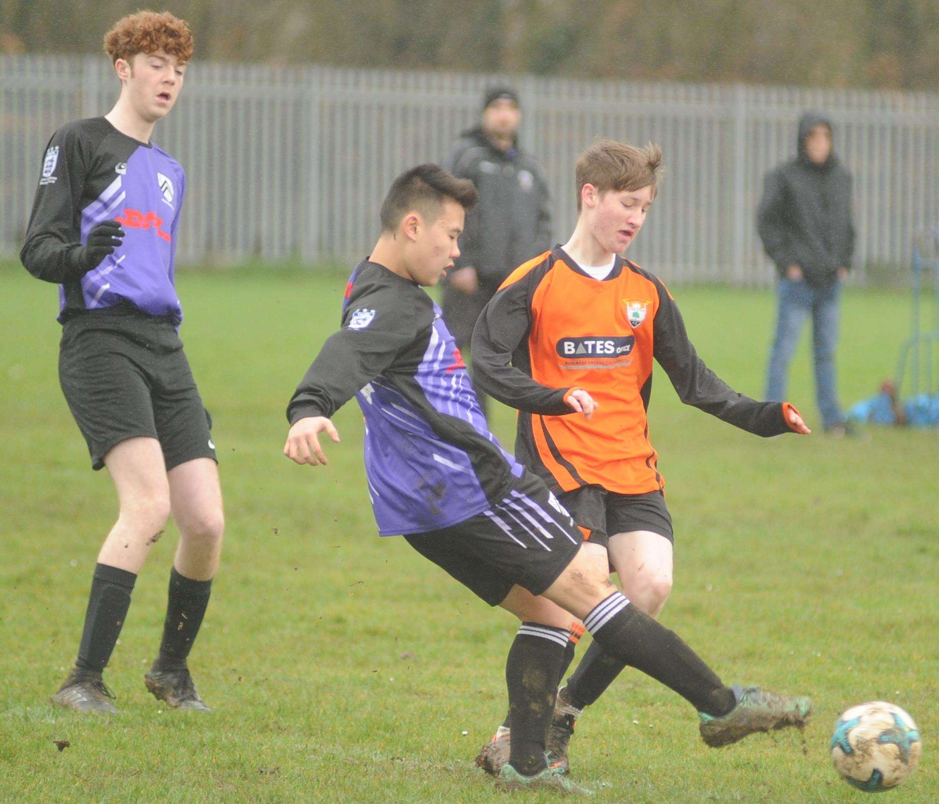 Anchorians United under-18s (purple) challenge Lordswood Youth under-18s Picture: Steve Crispe FM7528337