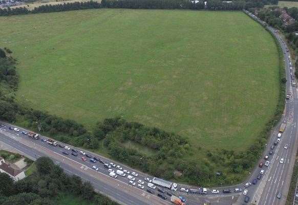 A aerial image gives a glimpse of the traffic on the A20 and feeding into Hermitage Lane, next to a site in Aylesford earmarked for 840 homes