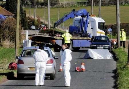 Crash investigation officers at the scene of the fatal crash at Woodnesborough.