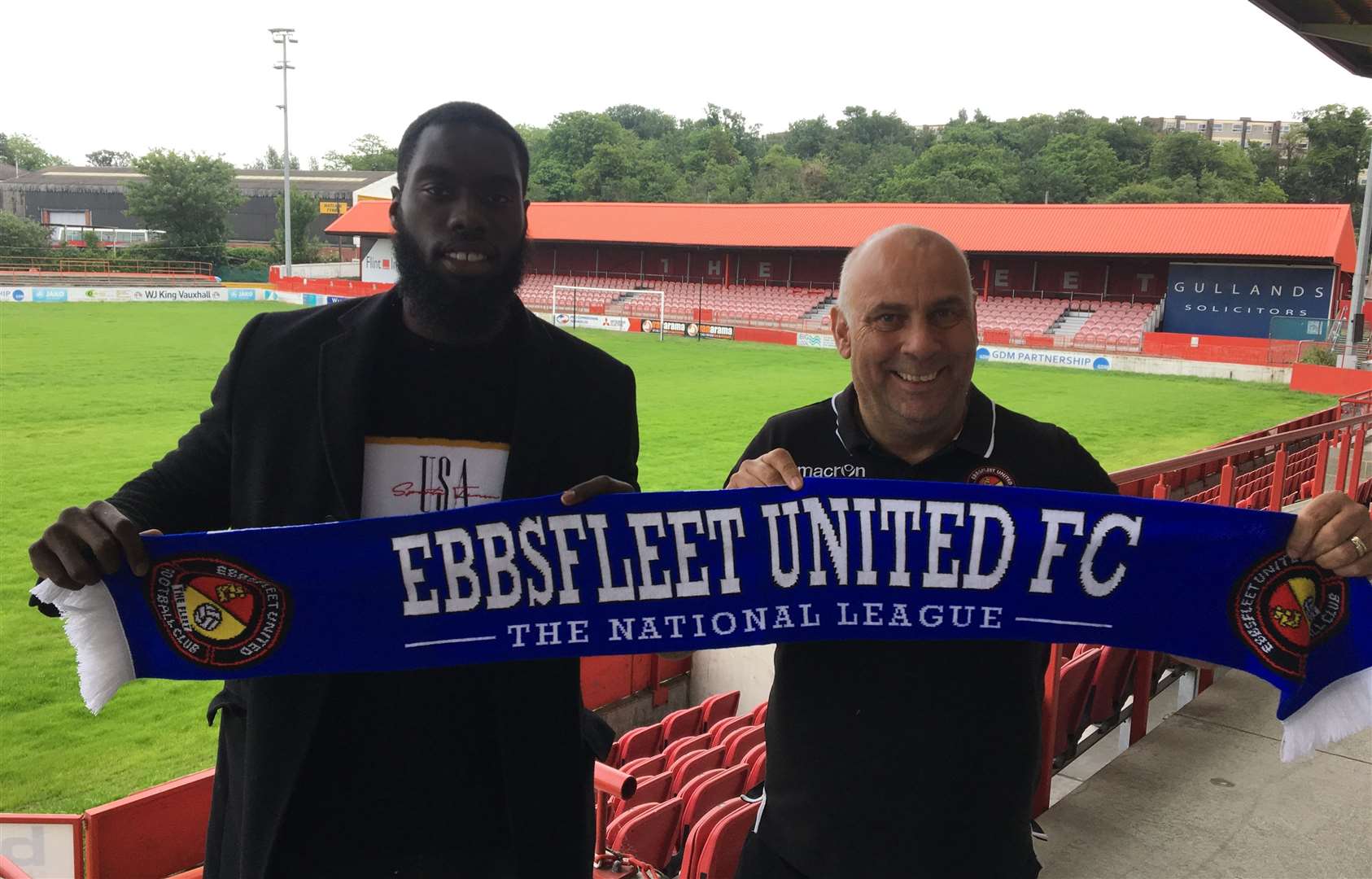 New signing Ayo Obileye with Ebbsfleet manager Garry Hill