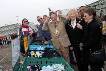 Mayor of Swale Cllr Steve Worrall with Mayoress Therese Davies, Cllr Angela Harrison and some Sheerness market traders