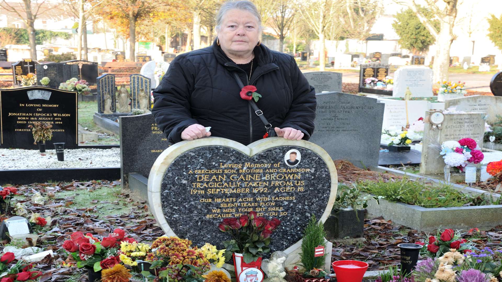 Heather Brown at her son's grave. Picture: Simon Hildrew