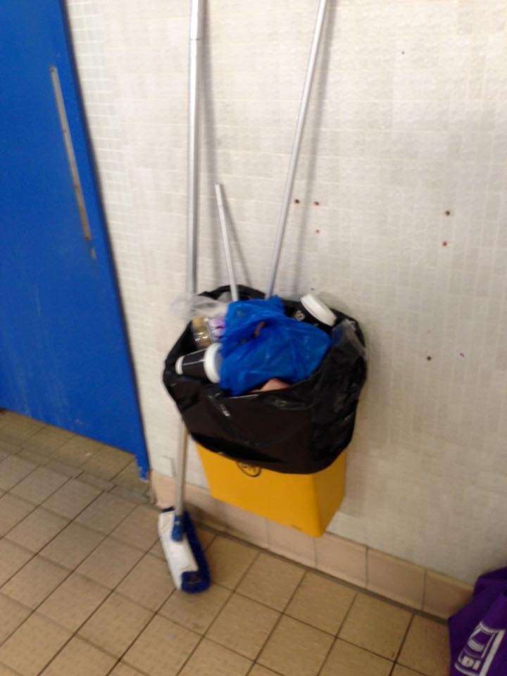 One of the bins is overflowing with rubbish inside changing rooms at Medway Park