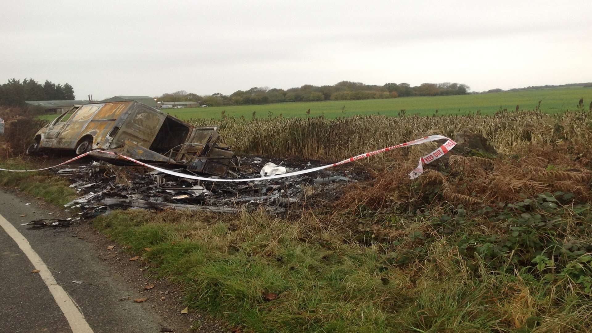 The burnt remains of the pair's £20,000 caravan, which was torched after its theft went wrong