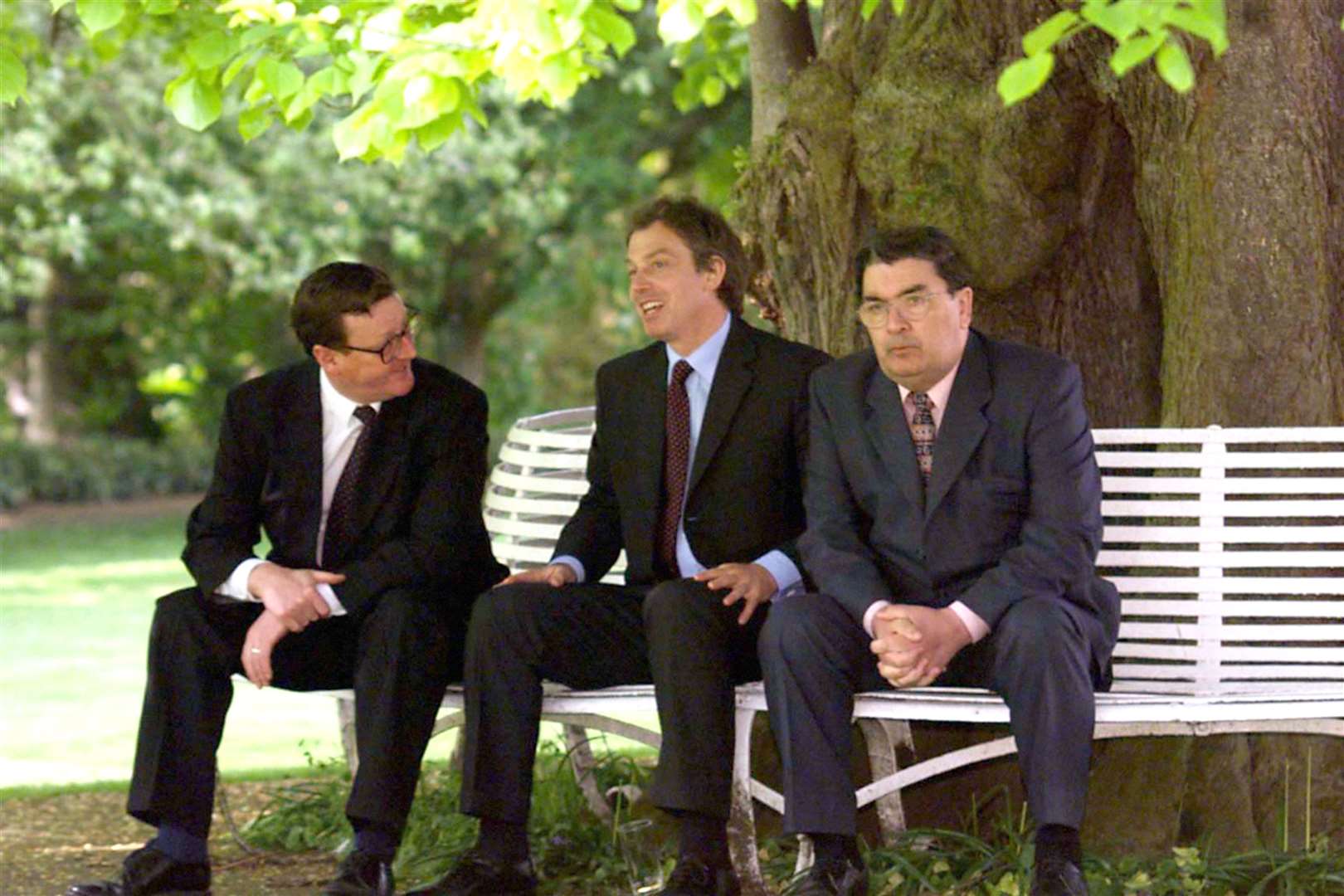 Prime Minister Tony Blair (centre) with (left) David Trimble and (right) John Hume on the last day of campaigning for a Yes vote in the referendum in the Good Friday Agreement in 1998 (PA)