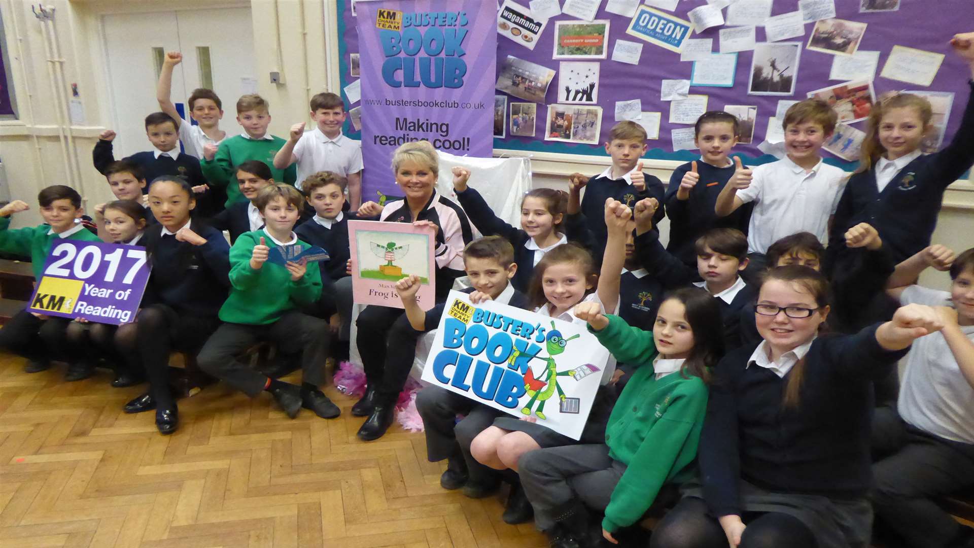 Cheryl Baker with pupils from West Borough Primary School, Maidstone, after Willow Class won a story time with the star in a competition run by the KM Charity Team.