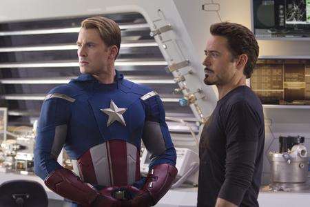 Chris Evans stars as Captain America and Robert Downey Jr as Tony Stark in Avengers Assemble!