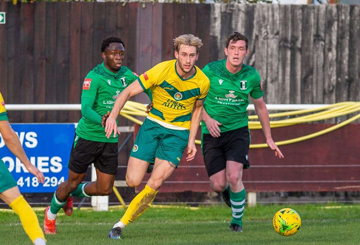 Tommie Fagg looks to work an opening for Ashford United at Cray Valley Picture: Ian Scammell