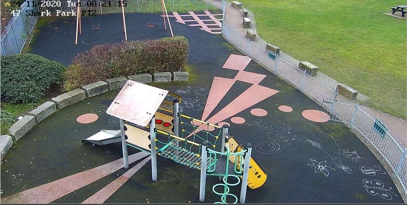CCTV pictures shared on the Chatham Maritime Trust's post to residents show the drawings on the safety matting in the playground on St Mary's Island