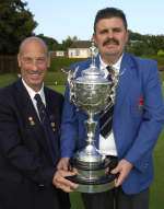 Colin Goldsmith, left, and Gordon Charlton with the All England Pairs Trophy they won last year