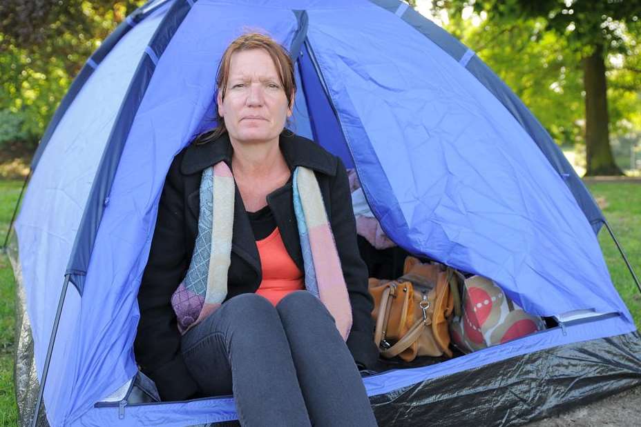 Jeanette Butcher in her tent near Gordon Promenade