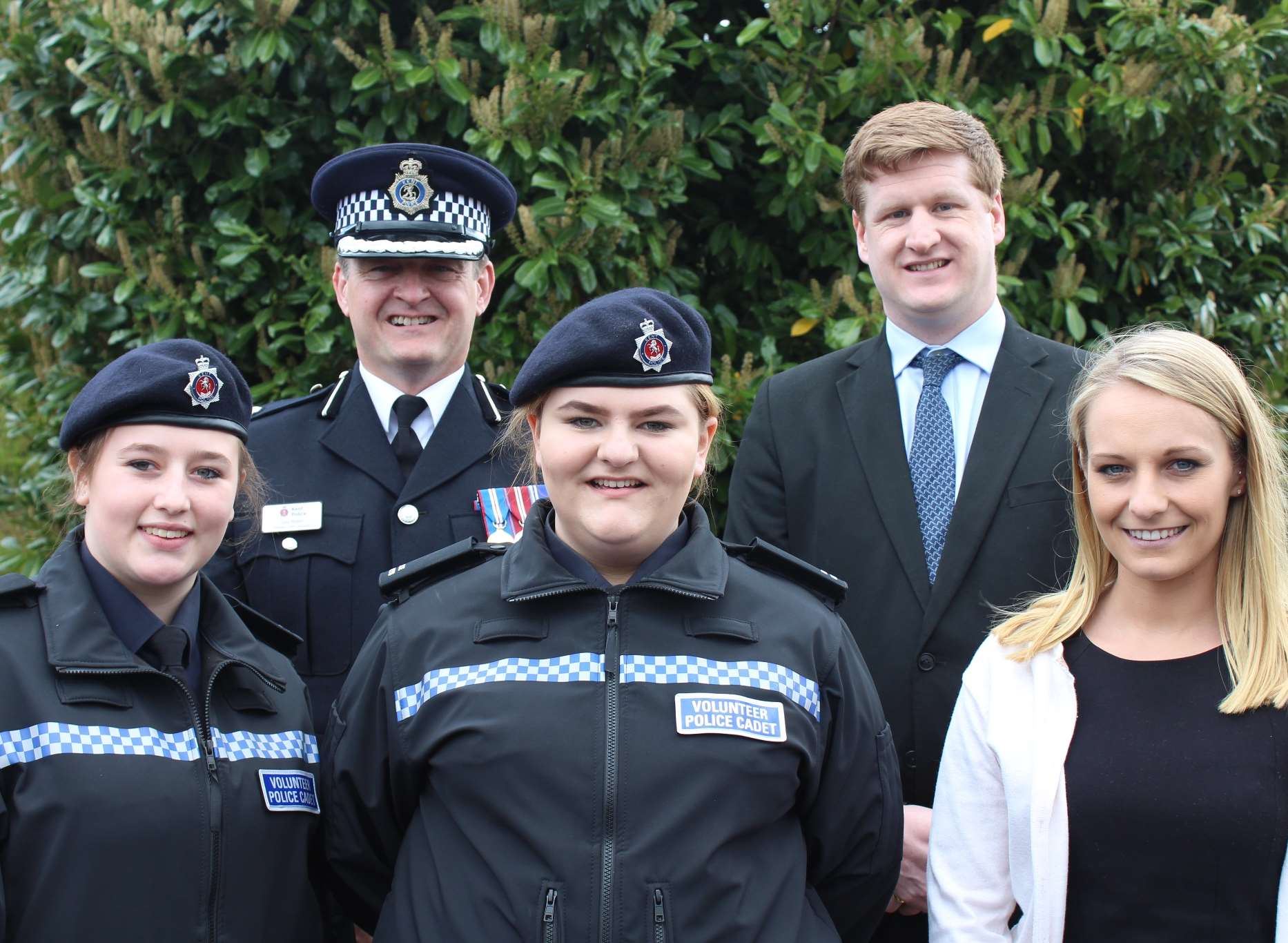 ACC Tony Blaker and PCC Matthew Scott with new Cadets Amy Carter (15) and Chloe Newbury (14), and Kent Police’s Children and Young Persons Ambassador Charlotte Evans MBE. Picture: Kent Police