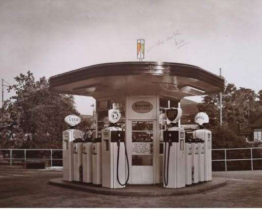 Len House, the former Rootes garage in Maidstone: The petrol pumping station as it looked n the 1950s