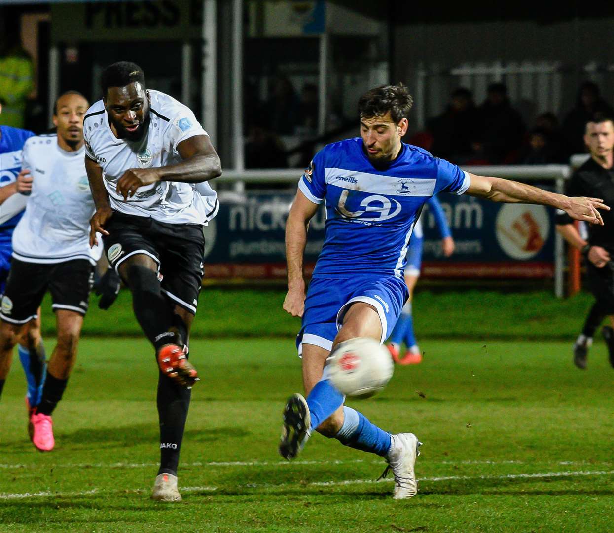 Striker Inih Effiong gets a shot away during Dover's 1-1 draw against Hartlepool on Saturday. Picture: Alan Langley