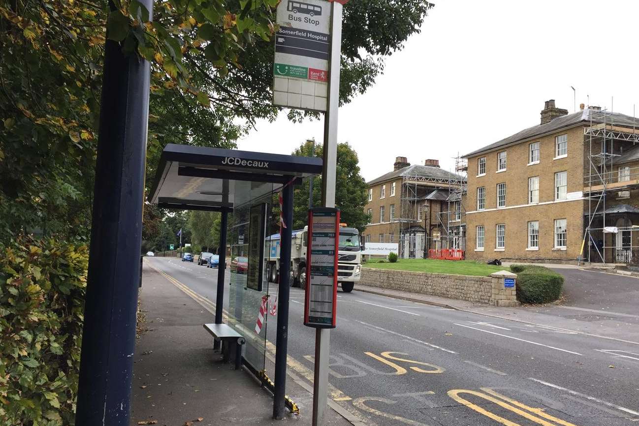 The bus stop opposite Somerfield Hospital in London Road, Allington.
