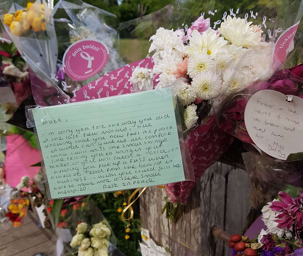 Flowers and messages at Dunorlan Park in Tunbridge Wells in memory of Matthew