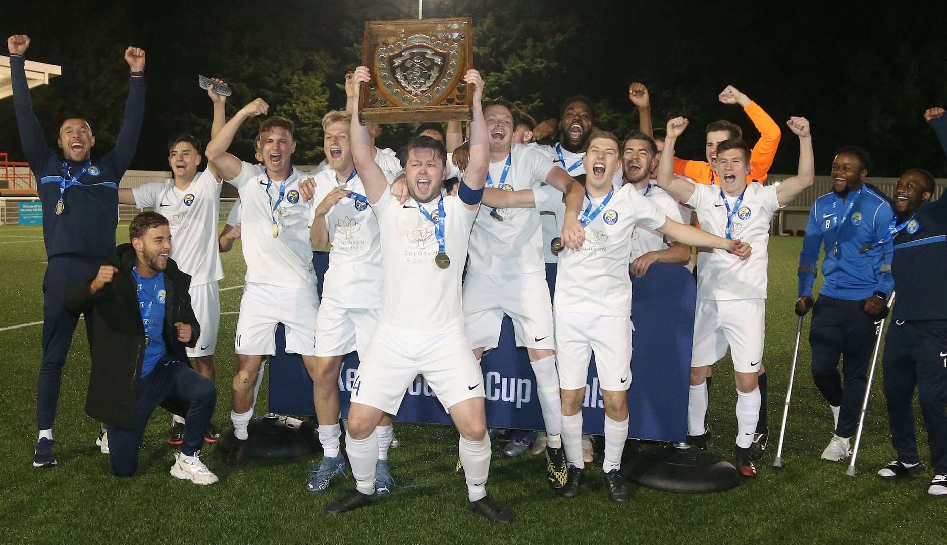 Kings Hill celebrate their Kent Intermediate Challenge Shield success. Picture: PSP Images