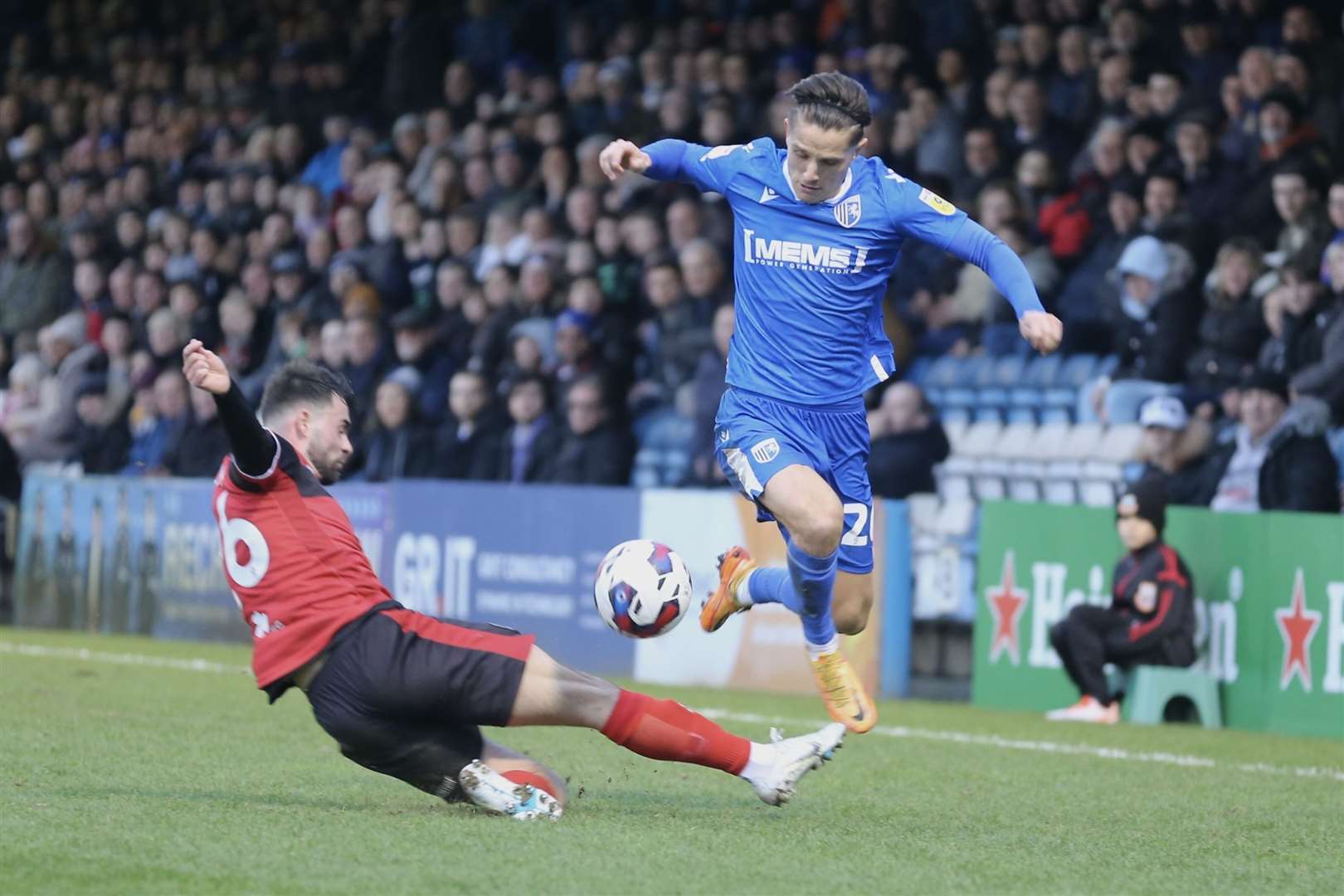 Newcomer Tom Nichols on the attack for Gillingham against Hartlepool United