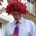 Clive Close, Head at Wincheap School, Canterbury in the wig worn during the mock kidnap.