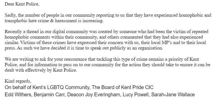 Letter sent to Kent Police from the Kent Pride Board