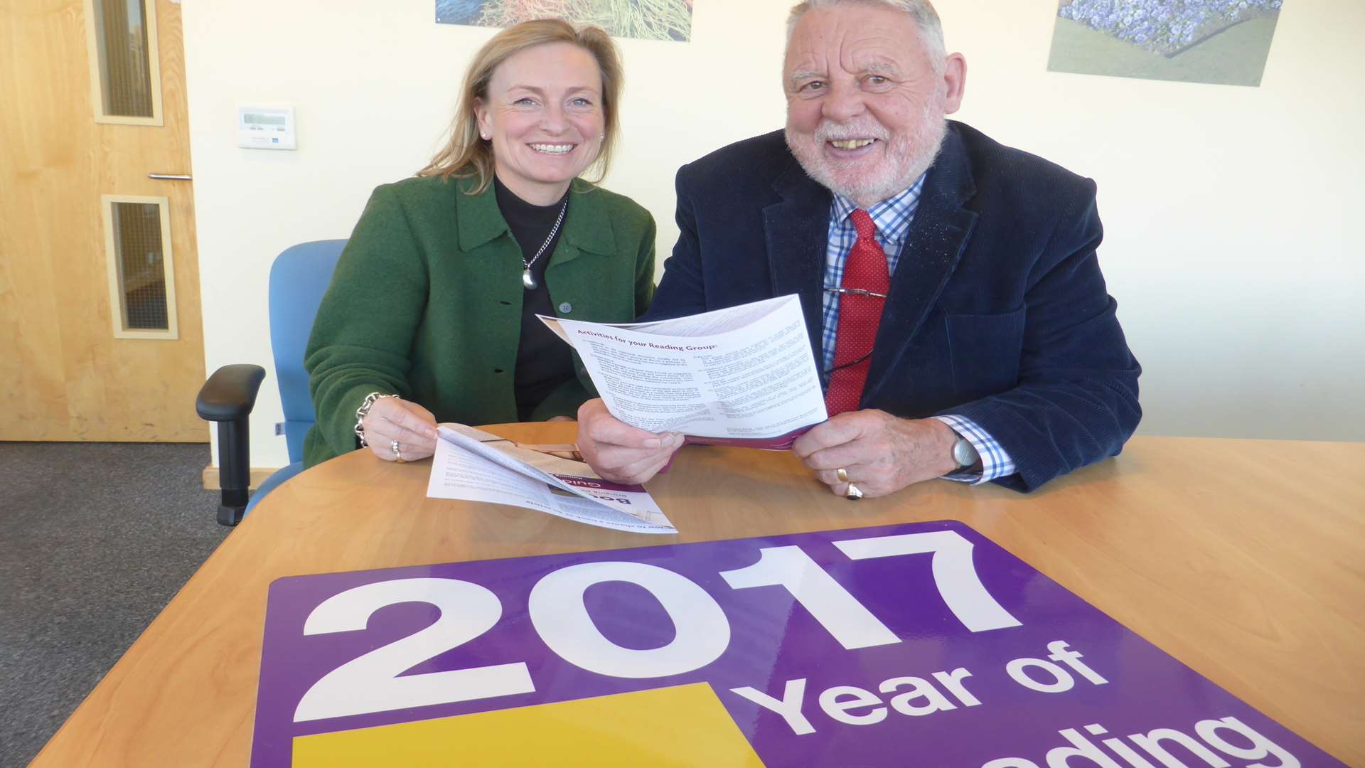 Terry Waite with KM Group chairman Geraldine Allinson for the launch of KM's Year of Reading campaign.