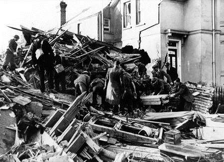The devastated property in Church Road, Ashford where the library later stood, after a bombing raid