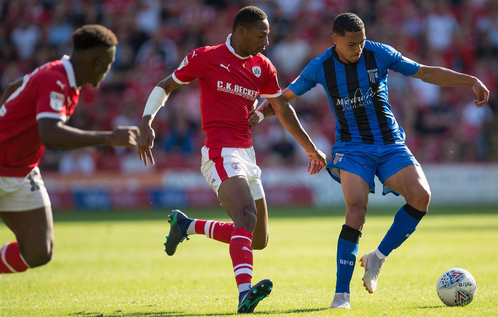 Gills left-back Bradley Garmston runs at the Barnsley defence. Picture: Ady Kerry