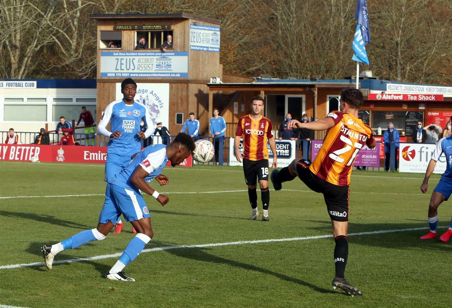 Tonbridge's Kristan Campbell saw this effort cleared off the line. Picture: Dave Couldridge (43053830)