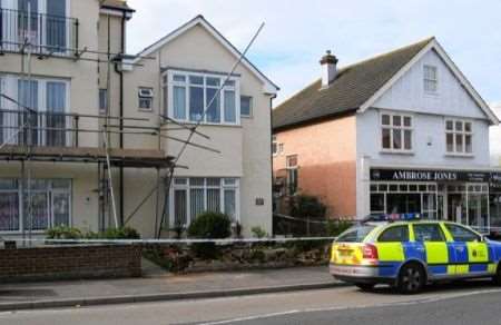 Scaffolding is left balancing dangerously outside a Tankerton home following an accident on Sunday