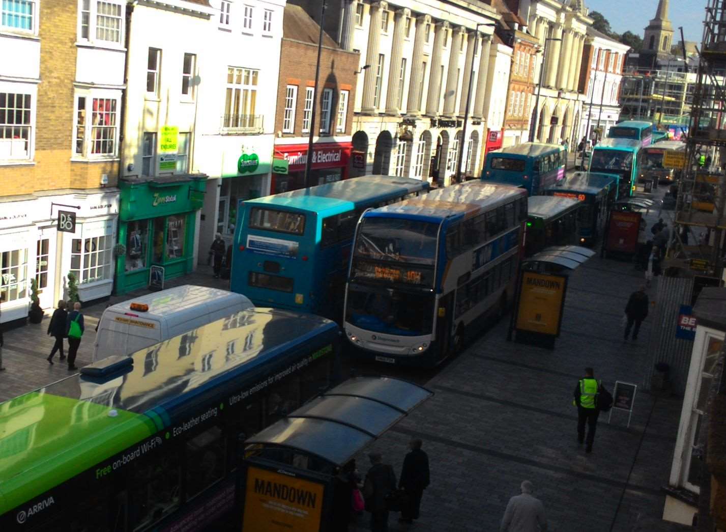 Thirteen buses were backed along High Street this morning