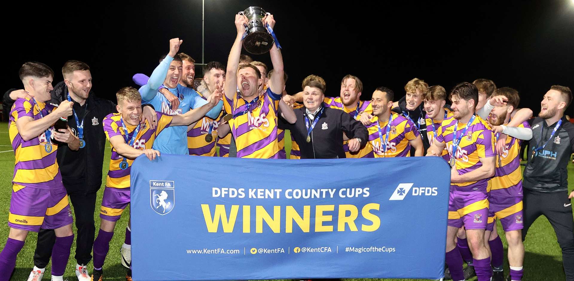 Deal Town celebrate winning the DFDS Kent Intermediate Cup Final. Picture: PSP Images