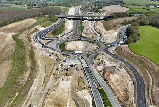 Drone pictures above the Stockbury roundabout show the new road which has been built for the £92 million pound flyover project. Picture: Philip Drew