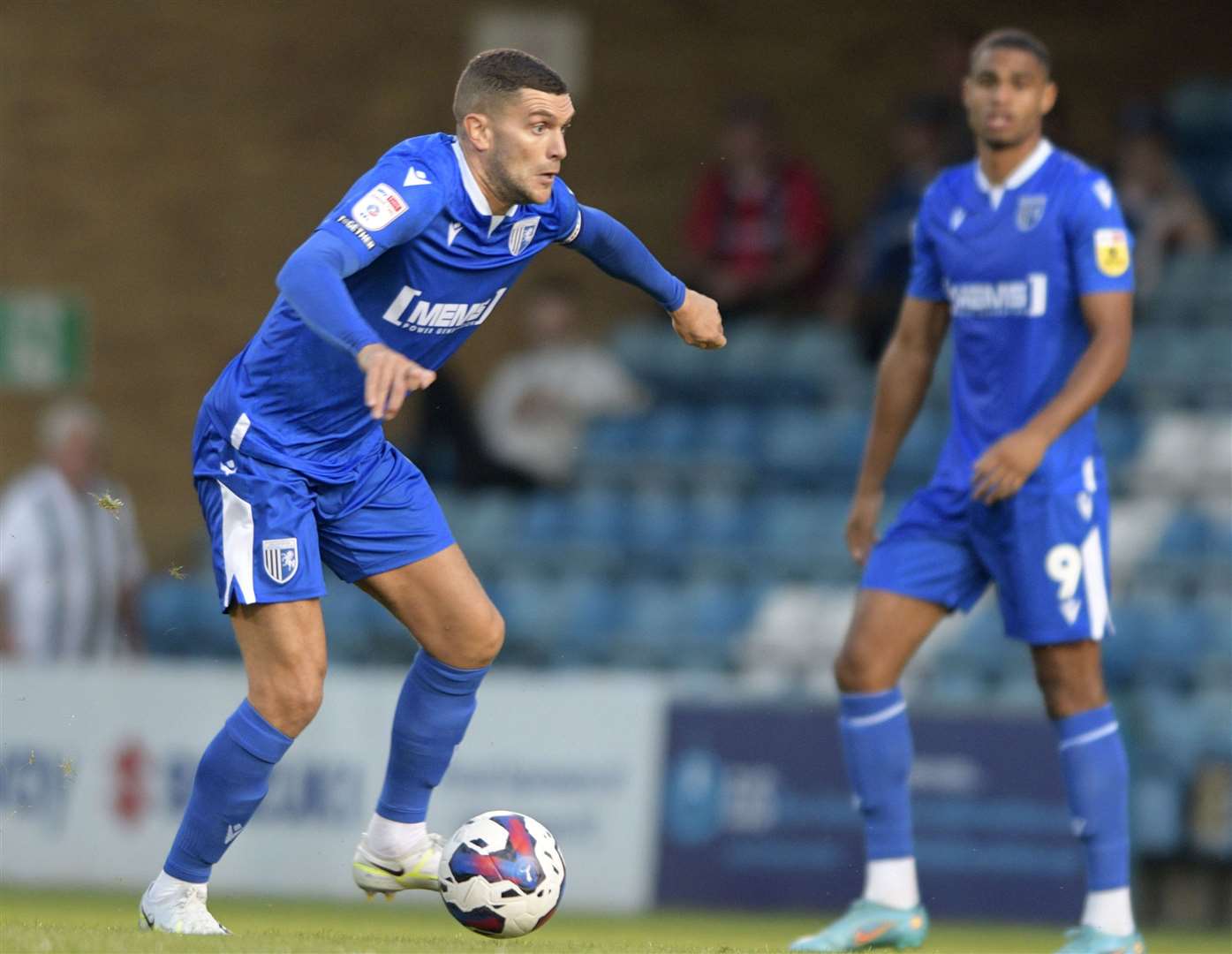 Stuart O'Keefe on the ball during Gillingham's 2-0 loss to Harrogate on Tuesday night. Picture: Beau Goodwin