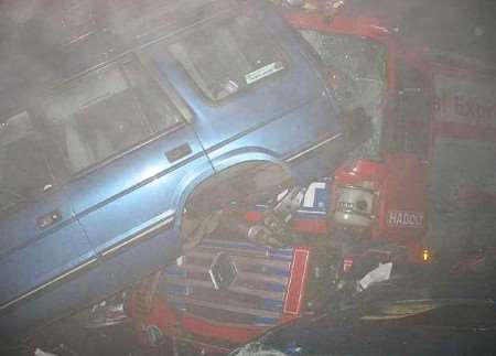 Two of the vehicles involved in the crash in thick fog at Capel. Picture courtesy KENT POLICE