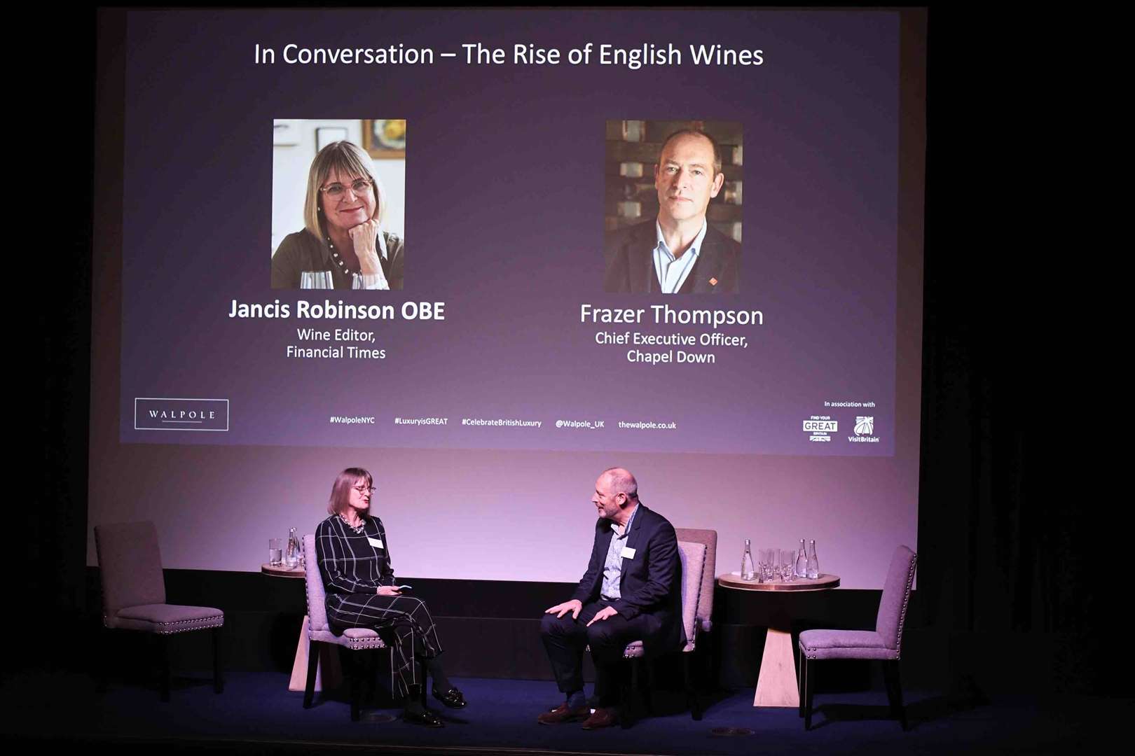 Jancis Robinson and Frazer Thompson on stage in New York