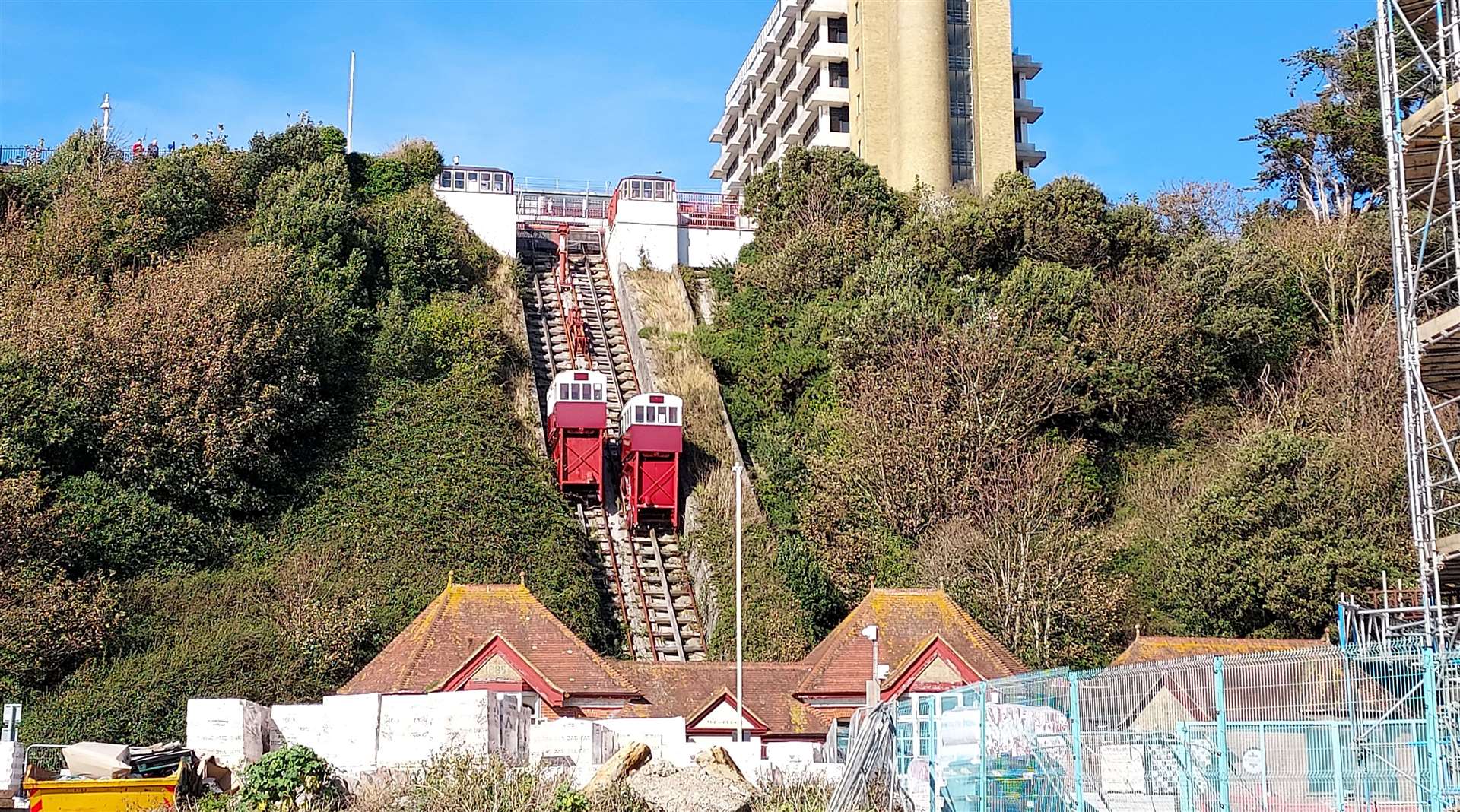 The Leas Lift funicular railway on the cliff between the Leas and the seafront in Folkestone