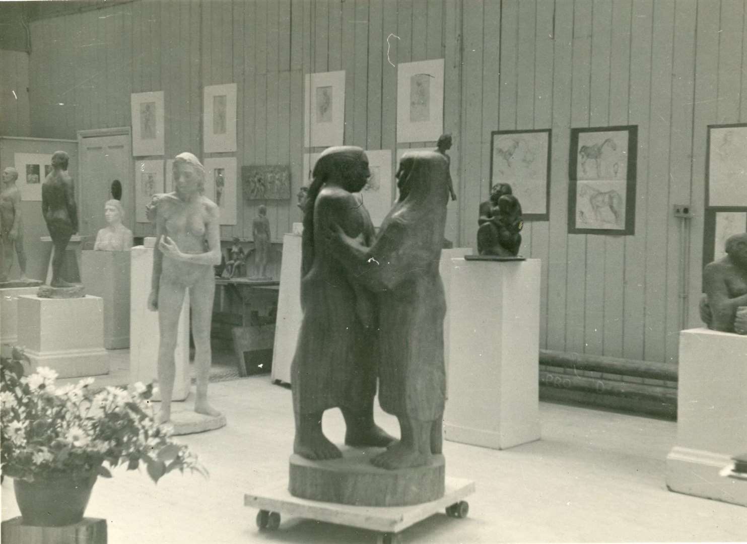 Audrey Jenkins' sculpture on display with other artworks in the 1950s