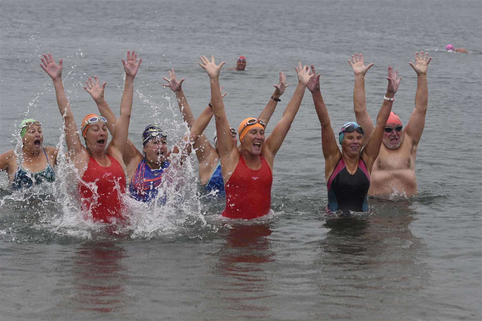 Mr Pugh's escort swimmers for his last kilometre.Picture: Tony Flashman