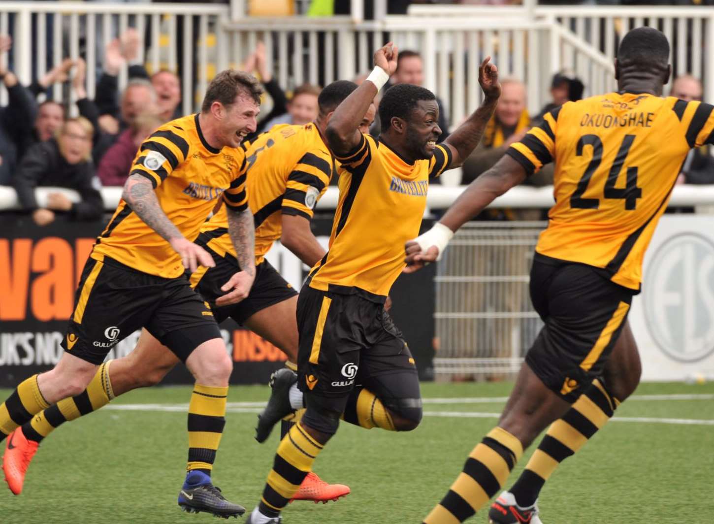 Delight for Yemi Odubade and Maidstone team-mates Picture: Steve Terrell