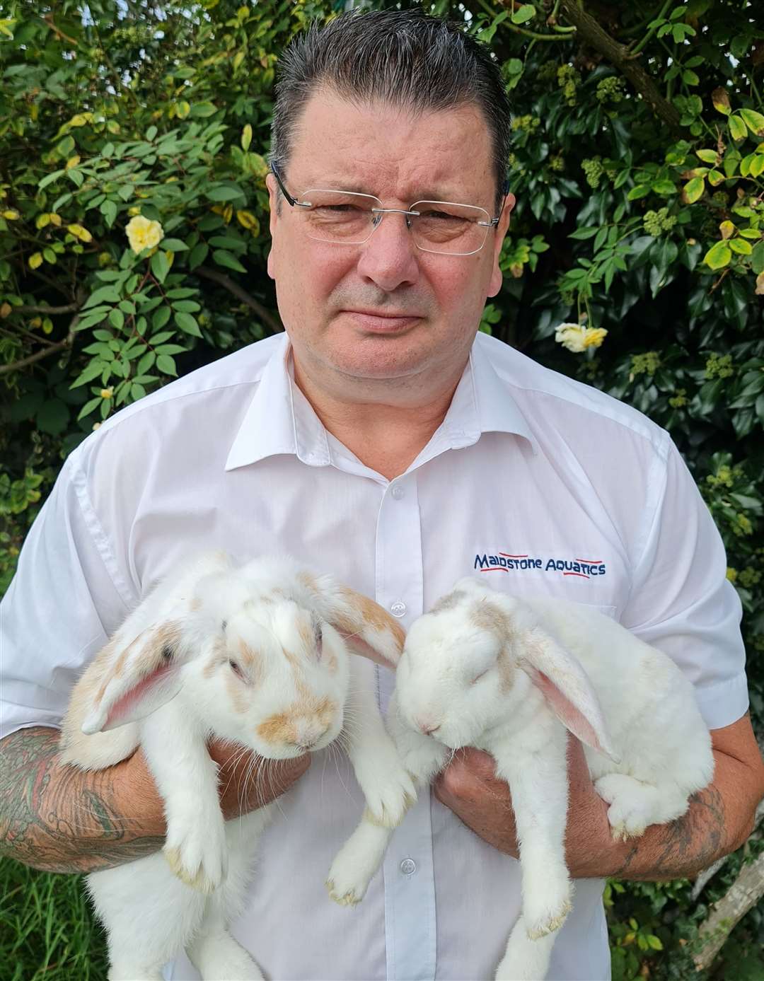 Owner Wayne Miles with rabbits Eric and Brian. Picture: Maidstone Aquatics
