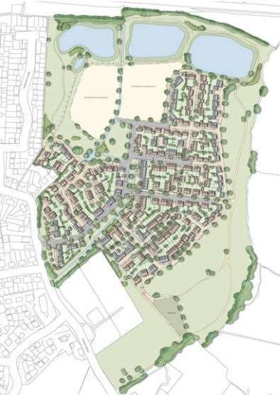 The current proposal for Church Farm: the two pale yellow areas are left undeveloped, pending a future application (30885726)